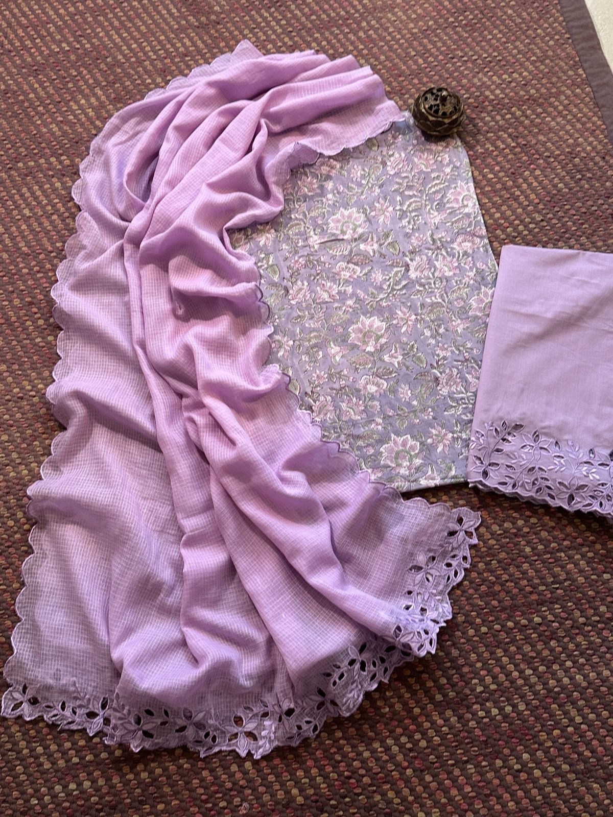 Pure Cotton Hand-blocked Fabric with Cutwork Bottom & Kota Doria Dupatta